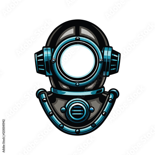 A detailed vector illustration of a classic scuba diving helmet with a glass faceplate, showcasing its intricate details and textured surface.