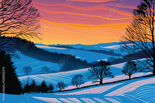 A fiery sunset casts long shadows across a pristine, snow-covered landscape. The sky is ablaze with vibrant hues of orange, pink, and purple, reflecting off the glistening snow.
