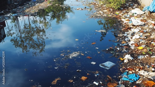 Stagnant water, filled with garbage, mirrors the crowded structures of the slum, underscoring the environmental and health issues faced by the community.