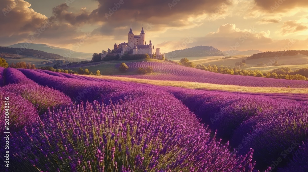 Fototapeta premium Majestic Castle Amidst a Lavender Field at Sunset