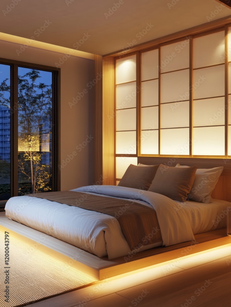 Fototapeta premium Serene Japanese Style Bedroom With Low Platform Bed