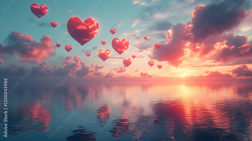Fototapeta premium A surreal Valentine design with heart-shaped clouds floating over a serene pastel-colored landscape, symbolizing peace and love
