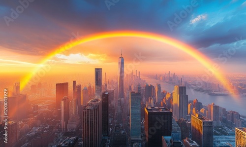 Sunset rainbow arches over New York City skyline.