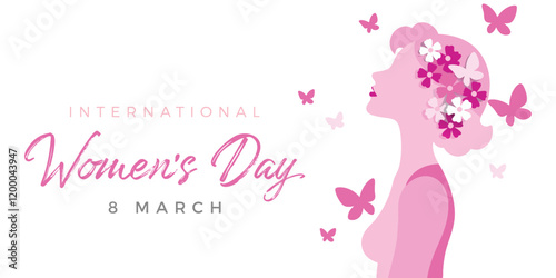 stylish and artistic representation commemorating International Women's Day, featuring a vibrant pink theme with feminine elements such as butterflies
