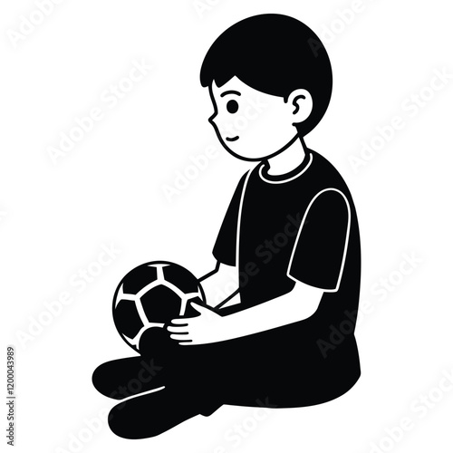 Boy playing with soccer ball silhouette vector illustration.