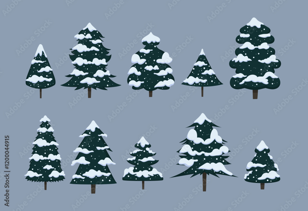 Obraz premium Simple style evergreen trees covered with snow vector illustration set. Cute hand drawn winter holiday snowy Christmas trees graphic elements. For cards, decor, or social media.