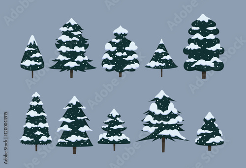 Simple style evergreen trees covered with snow vector illustration set. Cute hand drawn winter holiday snowy Christmas trees graphic elements. For cards, decor, or social media.