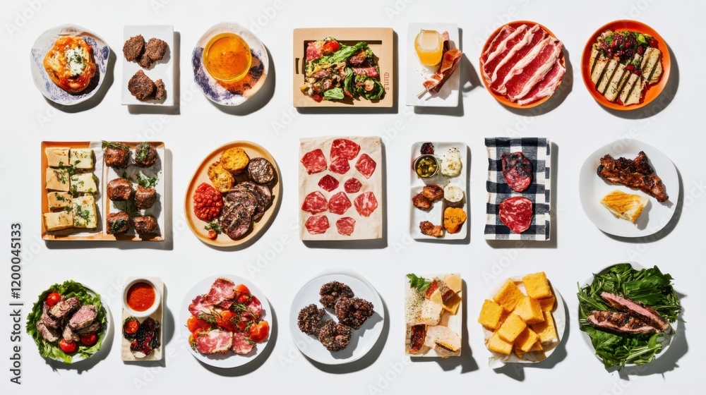 A vibrant assortment of gourmet dishes displayed on a white background for culinary inspiration A vibrant assortment of gourmet dishes displayed on a white background for culinary inspiration