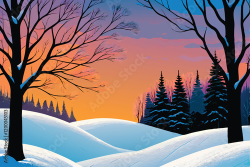 A picturesque winter sunset paints the sky in vibrant hues of orange and pink, casting a warm glow over a snow-covered lane.