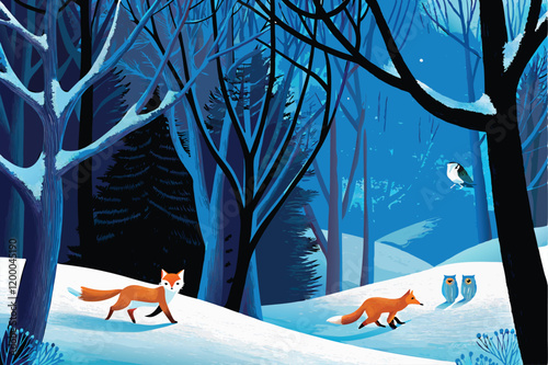 A serene winter scene with two playful foxes frolicking in a snowy forest, while a wise owl perched on a branch observes them from above.