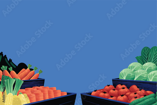 Colorful and vibrant background showcasing a diverse array of fresh vegetables arranged in a rustic wooden crate.