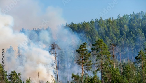 Firefly forest fire in Husti, smoke billowing from trees under a clear blue sky