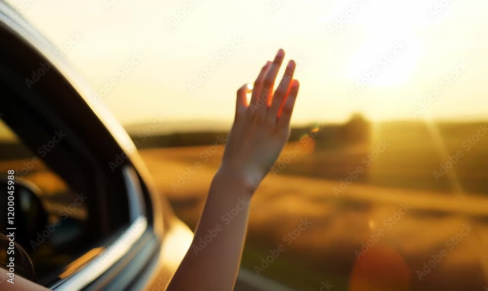 heavy with joy: girl expresses freedom on a scenic sunset drive