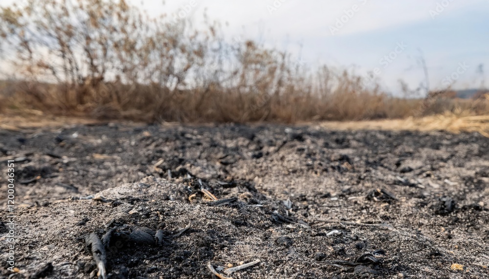 Land covered with ash after a wildfire in a dry landscape with sparse vegetation and distant burnt foliage Land covered with ash after a wildfire in a dry landscape with sparse vegetation and distant burnt foliage