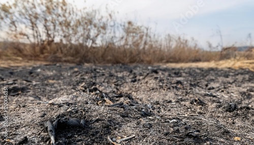 Wallpaper Mural Land covered with ash after a wildfire in a dry landscape with sparse vegetation and distant burnt foliage Torontodigital.ca