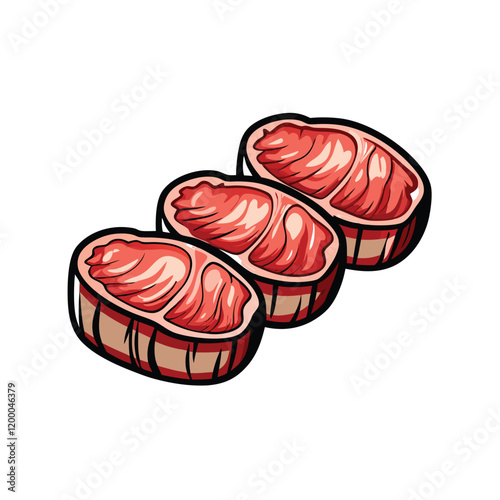 Create a realistic vector illustration of a raw beef tenderloin cut, showcasing its marbling and texture.