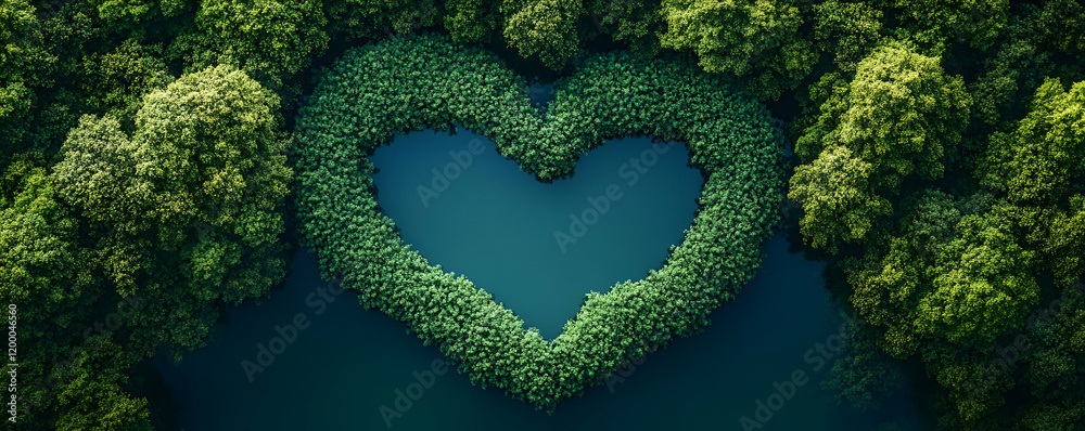 Heart-shaped lake, aerial view, lush forest Heart-shaped lake, aerial view, lush forest
