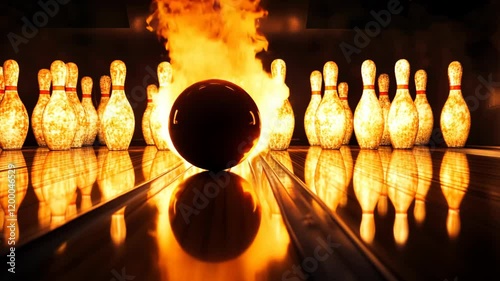 Bowling ball rolls towards glowing pins in fiery bowling alley setting during nighttime