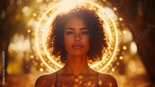 Woman prayer at sunset, glowing yoga halo, spiritual meditation feeling, mystical lights effects