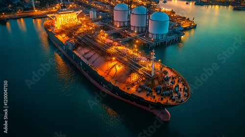 LNG tanker unloading at night, port, energy