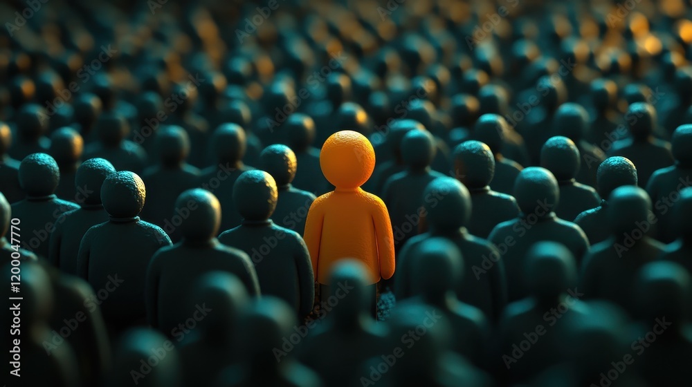 Obraz premium One Orange Figure Stands Out in a Crowd of Teal Figures