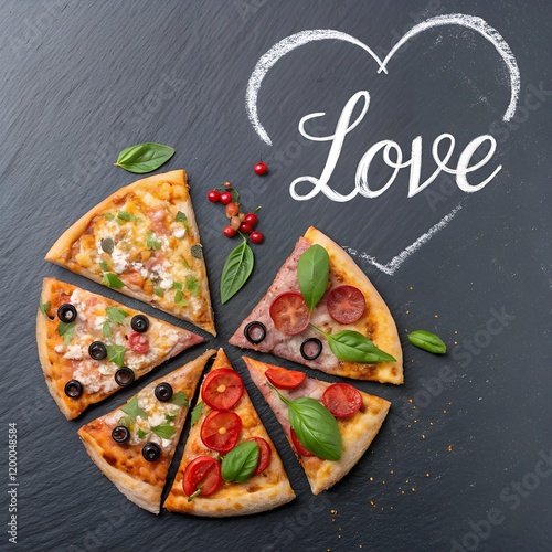 Delicious pizza slices forming a heart with 
