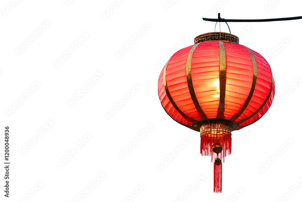 Obraz premium Red Chinese lantern glowing with golden loop and tassels isolated on transparent background.