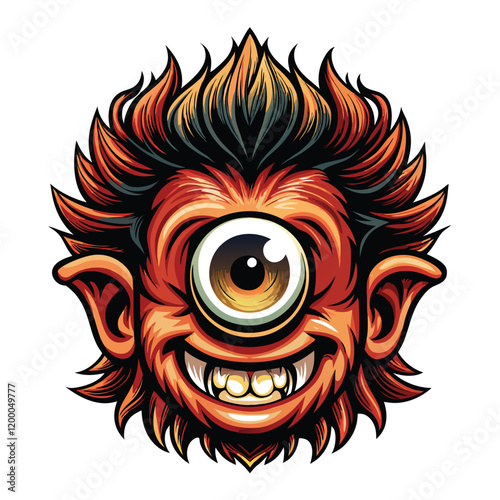 A menacing cyclops monster with a single, glowing eye dominating its face, set against a dark, stormy backdrop.