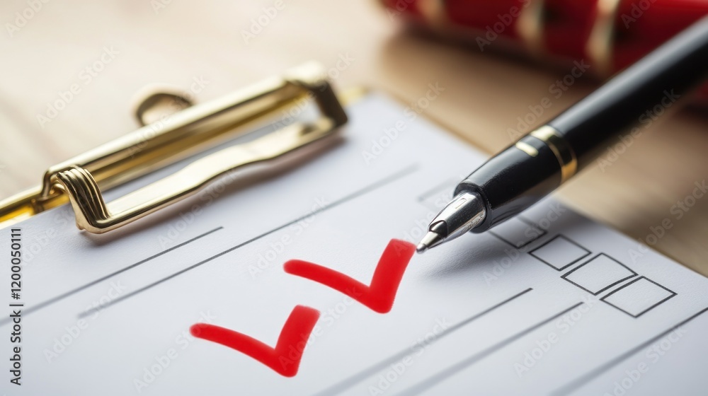 Close-up of checklist with two red checkmarks and pen. Close-up of checklist with two red checkmarks and pen.