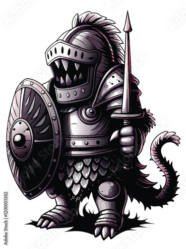 Design a monstrous creature wearing medieval armor. The armor should be detailed and ornate, incorporating spikes, chains, and intricate engravings.