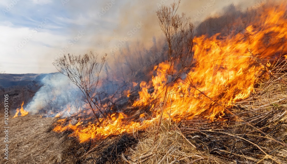 Wildfire engulfs dry grassland and shrubs during the scorching summer afternoon