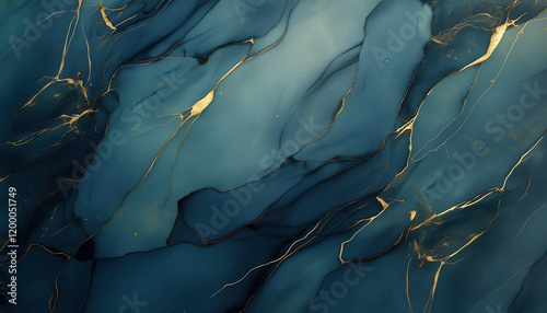 Soft, deep blue marble texture with gold veins, polished stone backgroung, fluid surface, abstract painting