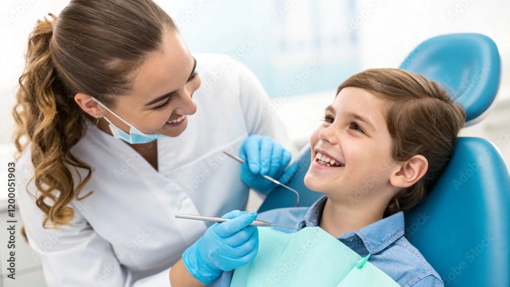 Dentista trabajando con paciente feliz en revisión dental Dentista trabajando con paciente feliz en revisión dental