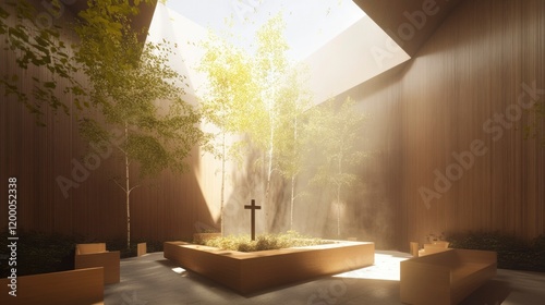 Serene indoor garden sanctuary with cross and sunlight