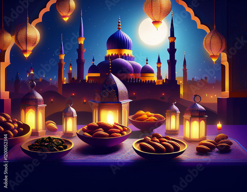 A magical Ramadan night. Illuminated mosque, crescent moon, and twinkling stars. Festive table with dates and lanterns Generated image