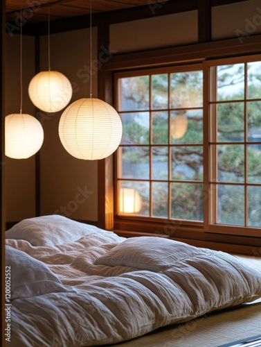 Serene Japanese bedroom with paper lanterns and futon