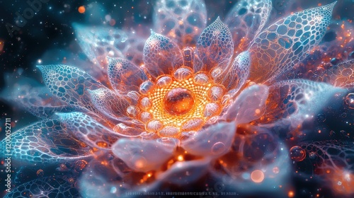 Abstract fractal flower art with intricate details and glowing center. Ideal for backgrounds, wallpapers, or digital art projects.