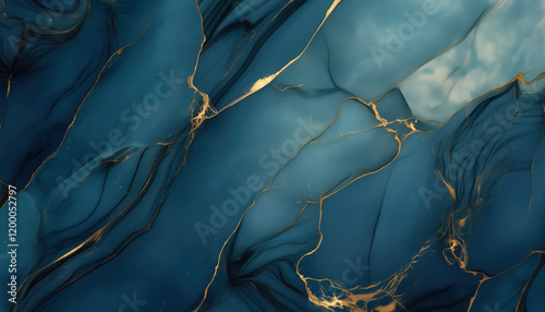 Soft, deep blue marble texture with gold veins, polished stone backgroung, fluid surface, abstract painting