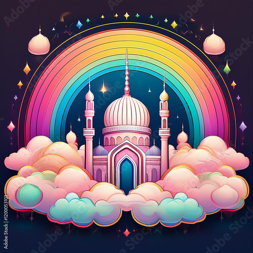Vibrant illustration perfect for Ramadan: a majestic mosque with blue domes amidst colorful clouds, encircled by a radiant rainbow and stars Generated image