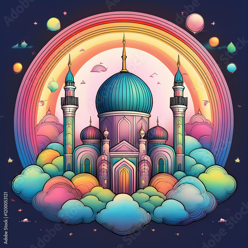 Vibrant illustration perfect for Ramadan: a majestic mosque with blue domes amidst colorful clouds, encircled by a radiant rainbow and stars Generated image