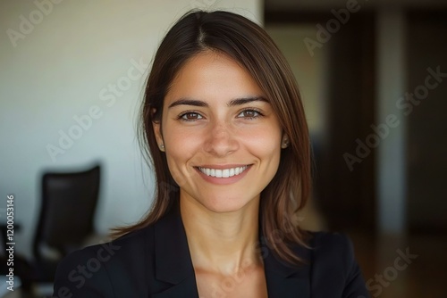 Headshot close up face portrait of young happy smiling Hispanic businesswoman female company worker or corporate manager confident business woman entrepreneur looking at camera at work in office