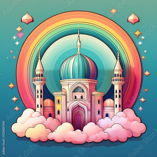 Vibrant illustration perfect for Ramadan: a majestic mosque with blue domes amidst colorful clouds, encircled by a radiant rainbow and stars Generated image