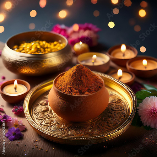 A serene setup perfect for Ramadan, featuring ornate brass bowls filled with aromatic powders, surrounded by lit candles, vibrant flowers, and traditional decor Generated image