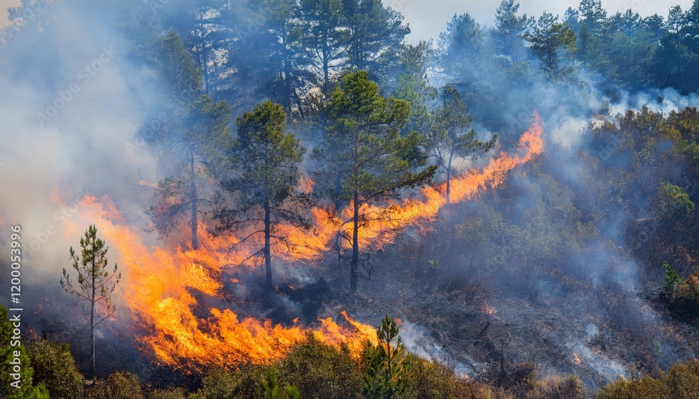 Bright orange and red flames engulfing trees during a raging forest fire in the wilderness Bright orange and red flames engulfing trees during a raging forest fire in the wilderness
