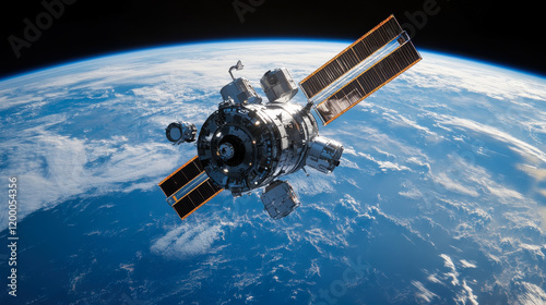 Fototapeta Naklejka Na Ścianę i Meble -  Futuristic space station orbiting Earth, illuminated by sunlight