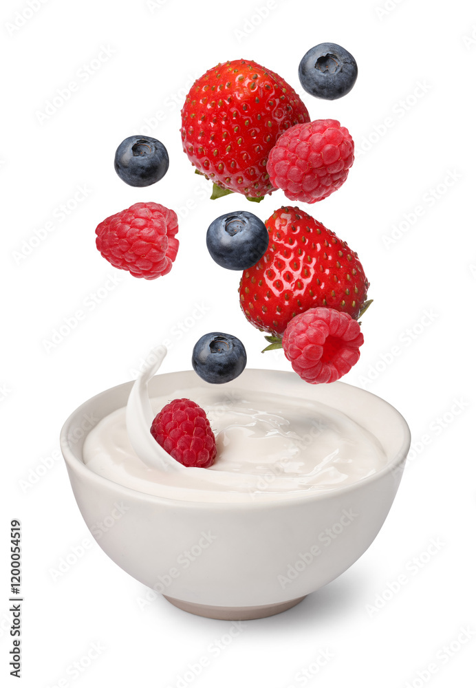 Fresh berries falling into bowl of yogurt on white background