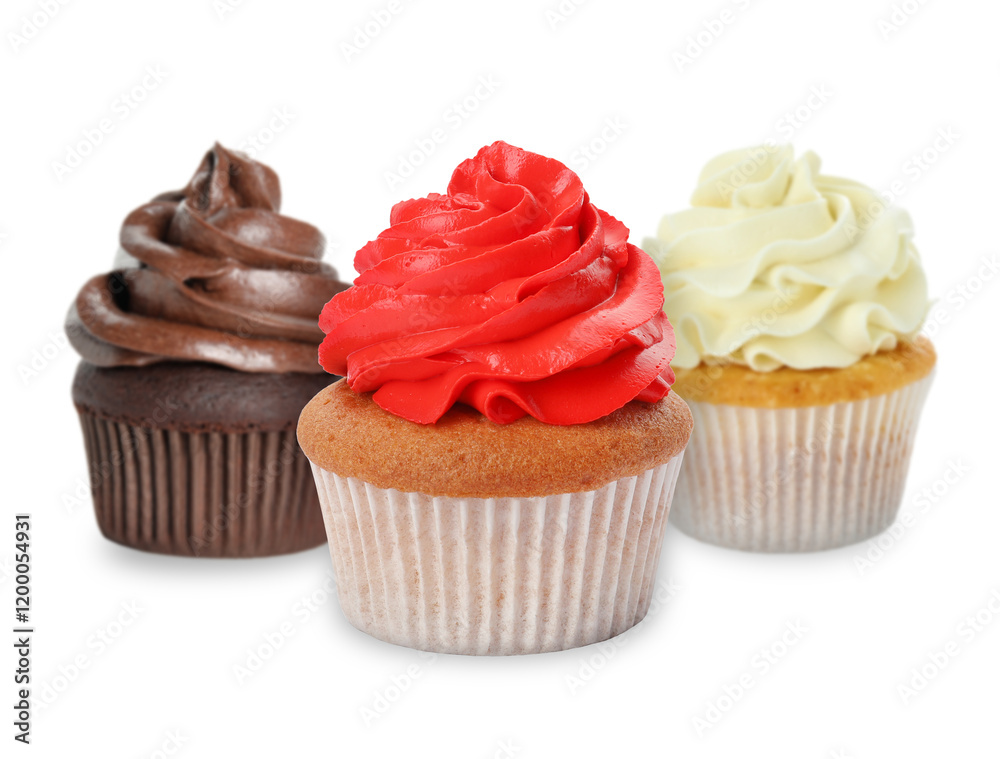 Delicious cupcakes with colorful cream isolated on white Delicious cupcakes with colorful cream isolated on white