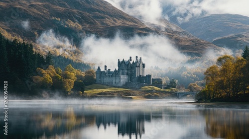 Majestic Castle nestled in misty Scottish Highlands