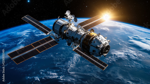 Fototapeta Naklejka Na Ścianę i Meble -  Futuristic space station orbiting Earth, illuminated by sunlight