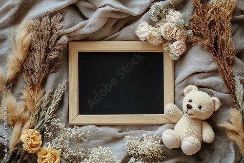 Pregnancy announcement with teddy bear dried flowers and a black letterboard in the centerof a soft muslin blanket